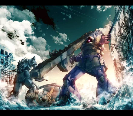 A dynamic HD wallpaper featuring a fierce battle scene with Gundam mechs in a war-torn environment, showcasing the action and intensity of Mobile Suit Gundam anime.