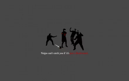 HD PC desktop wallpaper featuring a funny ninja silhouette sneaking up behind unaware figures on a dark gray background with the caption Ninja can't catch you if it's a red shirt.