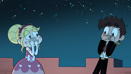 HD desktop wallpaper featuring Marco Diaz and Star Butterfly from the TV show Star vs. the Forces of Evil, set against a starry night sky.