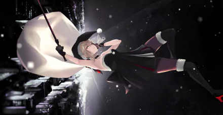 HD anime desktop wallpaper featuring Saber from Fate/Grand Order dressed in a black witch outfit, holding a staff against a dark, starry background.