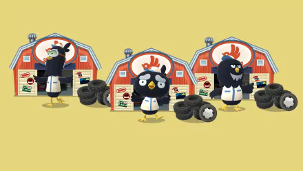 HD desktop wallpaper from Animal Crossing: Pocket Camp featuring animated characters in front of in-game styled buildings, with a whimsical yellow background.