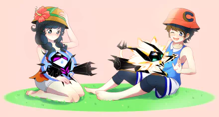 HD wallpaper from Pokémon Ultra Sun and Ultra Moon featuring two characters with a Pokémon sitting on grass as a desktop background.