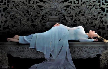 Fantasy HD PC desktop wallpaper: a woman in a flowing pale gown sleeping on an ornate stone bench against a dark carved background.