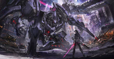 Sci-Fi anime theme HD wallpaper featuring a female warrior with a blade and robots amid urban ruins.