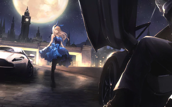 HD anime wallpaper featuring a blonde girl holding a pistol, standing near a car at night. A large moon illuminates the scene, with a city skyline in the background.