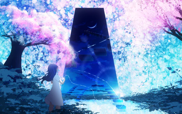 An HD desktop wallpaper featuring a serene anime scene with a girl under mystical cherry blossom trees, gazing at a large, dark monolith with a crescent moon and constellations glowing against a fantasy backdrop.