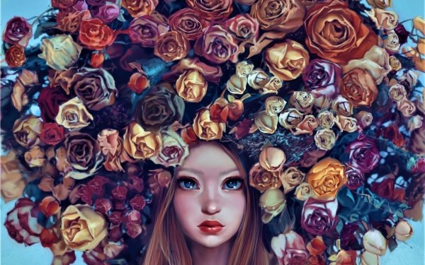 Fantasy Women Flower Rose Head Colorful Lipstick Blue Eyes HD Wallpaper | Background Image