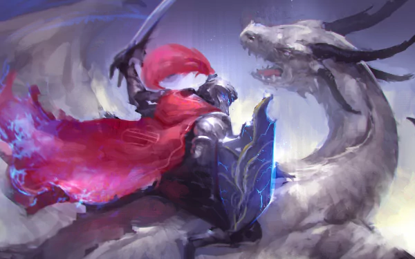 A fantasy warrior clad in armor and a flowing red cape, wielding sword and shield, faces a majestic dragon in this 8K Ultra HD PC desktop wallpaper.