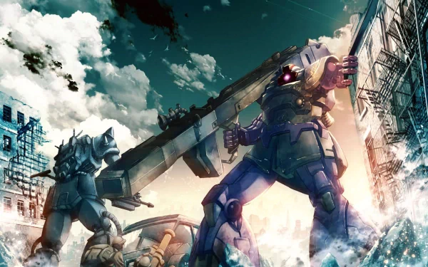 A dynamic HD wallpaper featuring a fierce battle scene with Gundam mechs in a war-torn environment, showcasing the action and intensity of Mobile Suit Gundam anime.