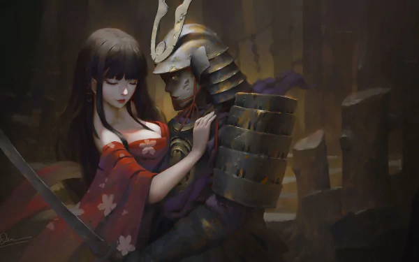HD desktop wallpaper featuring a fantasy scene with an oriental geisha and an armored samurai warrior embracing in a dimly lit environment.