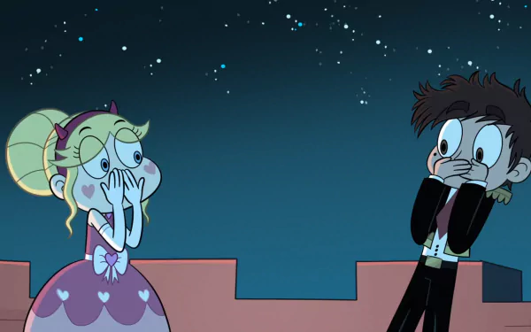 HD desktop wallpaper featuring Marco Diaz and Star Butterfly from the TV show Star vs. the Forces of Evil, set against a starry night sky.