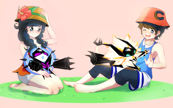 HD wallpaper from Pokémon Ultra Sun and Ultra Moon featuring two characters with a Pokémon sitting on grass as a desktop background.