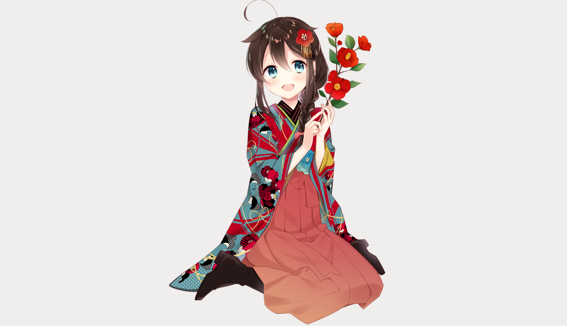 HD PC desktop wallpaper featuring Shigure from Kantai Collection, depicted in anime style wearing a colorful traditional kimono and holding red flowers.