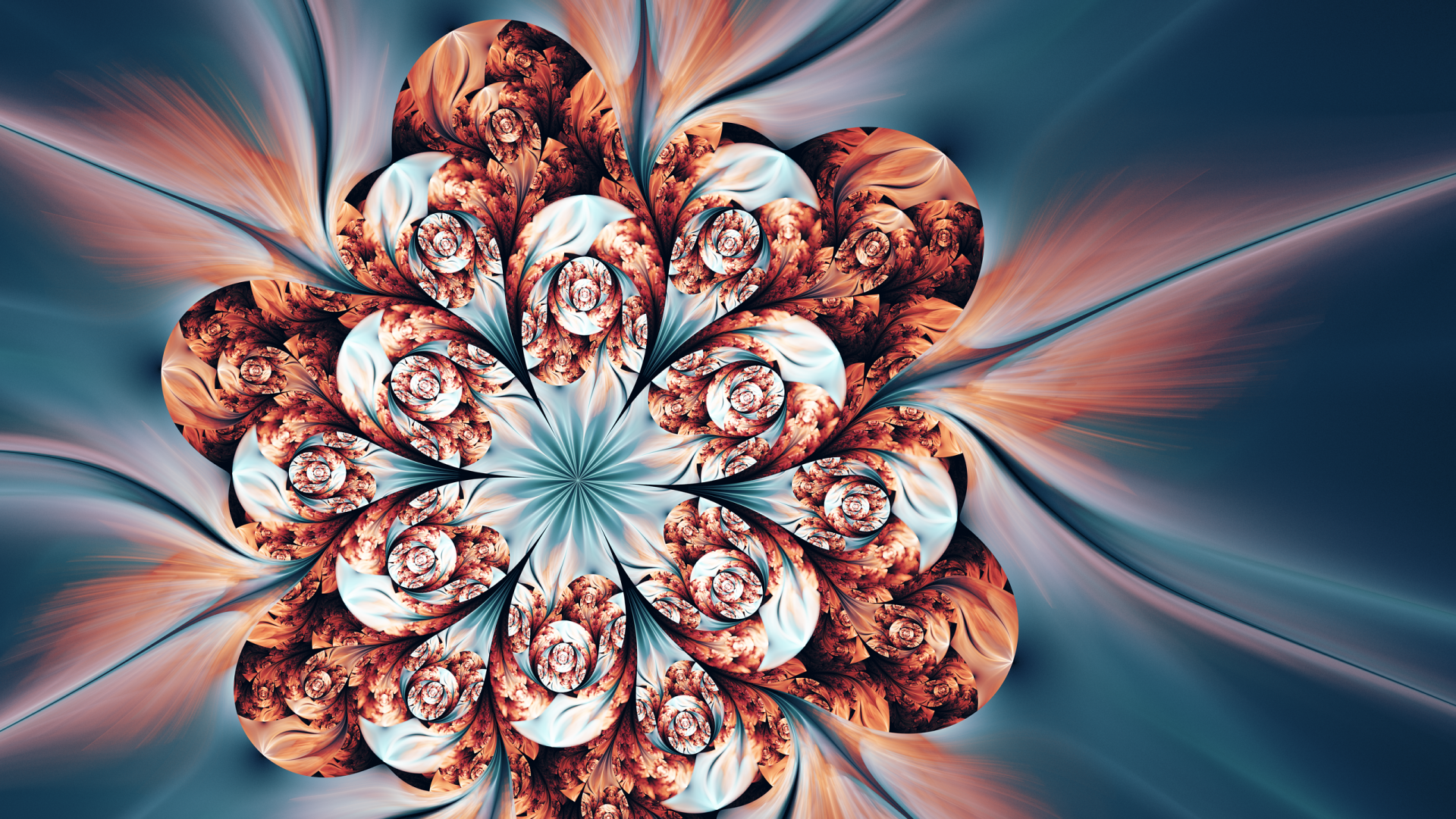 HD PC desktop wallpaper featuring an abstract fractal design resembling a detailed, multi-layered flower with swirling patterns in warm and cool tones.
