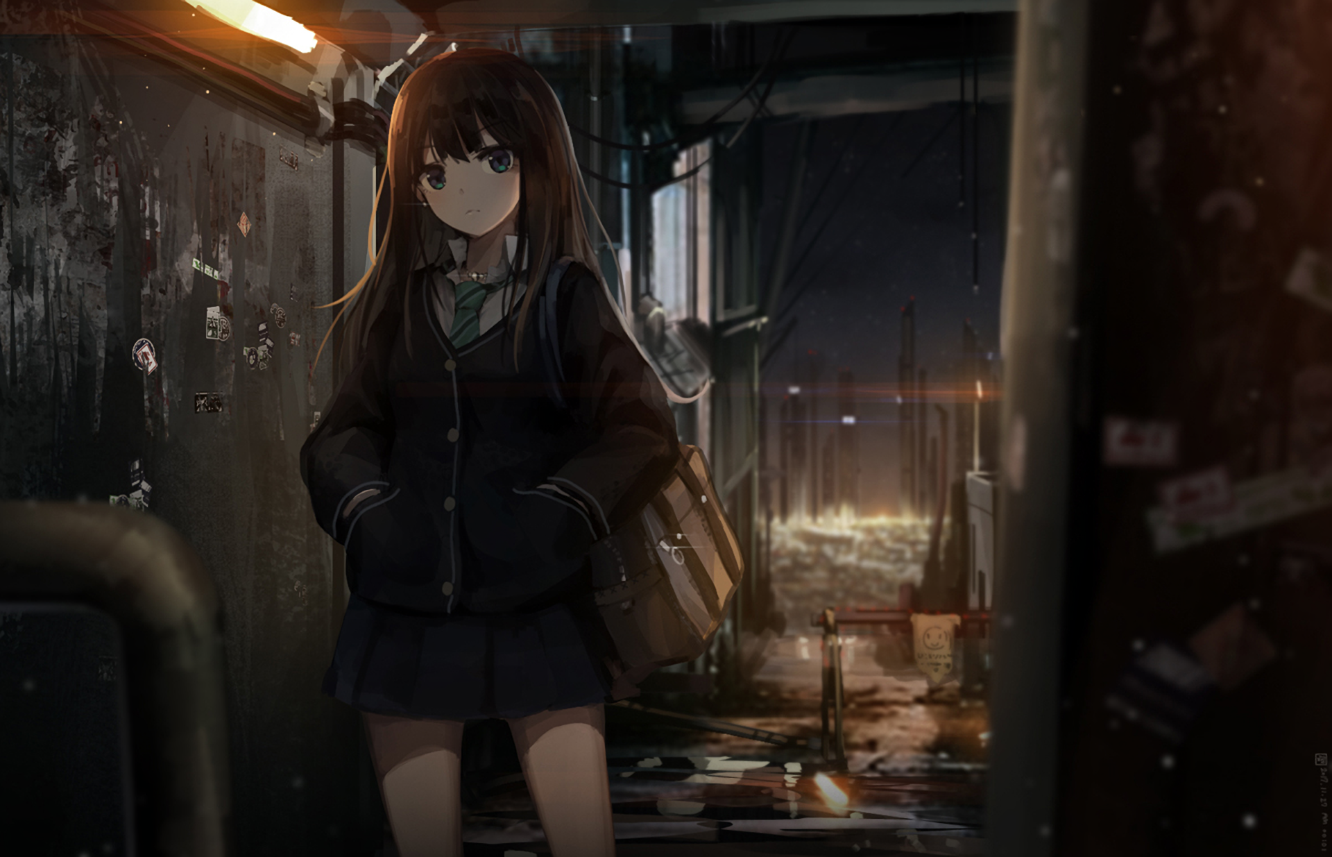HD anime-style original artwork of a girl standing in a dimly lit, gritty urban alley, designed as a PC desktop wallpaper and background.