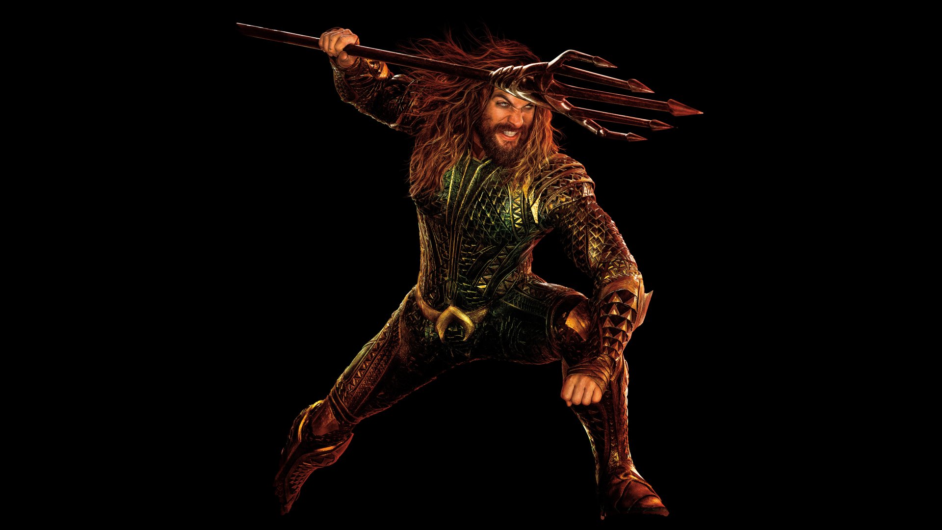 HD desktop wallpaper of Jason Momoa as Aquaman from the 2017 movie, Justice League, featuring him in an action pose wielding a trident against a black background.