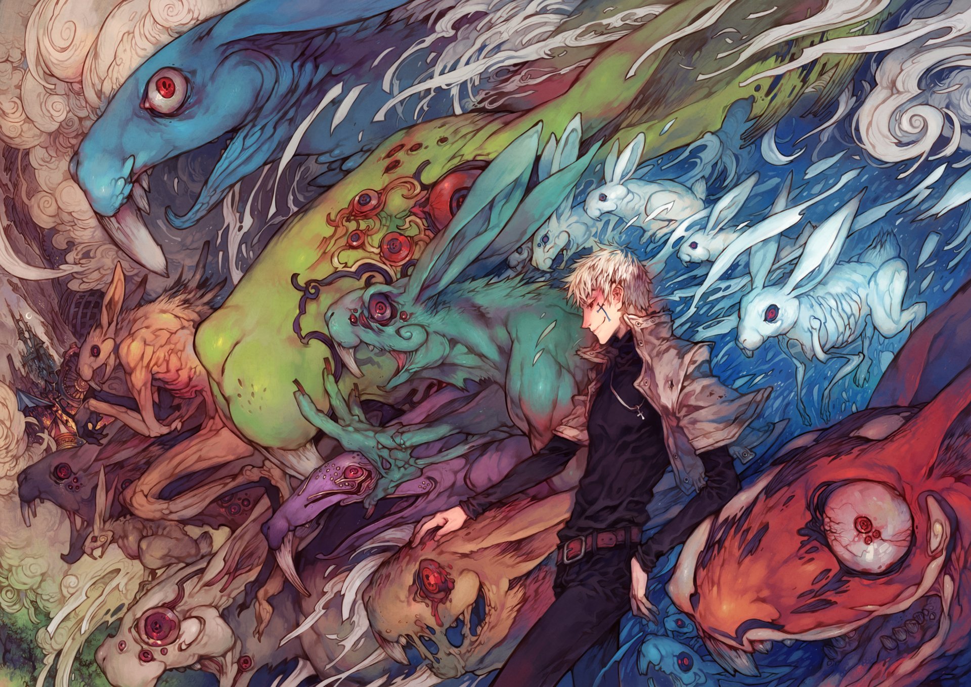 HD wallpaper featuring an original anime character surrounded by a fantastical scene with mythical creatures and surreal elements in vivid colors.