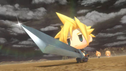 HD wallpaper featuring chibi versions of Cloud Strife, Lann, and Reynn from World of Final Fantasy.