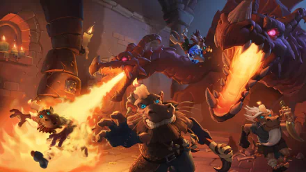 HD PC wallpaper of Hearthstone: Kobolds & Catacombs — a Warcraft cave lit by candles as kobolds flee while a multi‑headed dragon breathes fire (video game: Hearthstone).