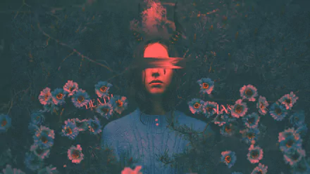 A glitch art HD desktop wallpaper featuring a person with their face distorted, surrounded by flowers, creating an artistic and surreal visual experience.
