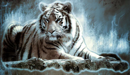 HD desktop wallpaper of a majestic white tiger resting against a mystic, foggy background, emphasizing its serene yet powerful presence.