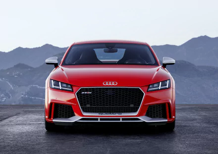 Front view of a red Audi TT vehicle against a mountain skyline — 4K Ultra HD PC desktop wallpaper and background.