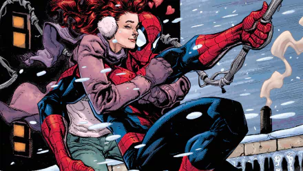 Comic style wallpaper featuring Spider-Man and Mary Jane Watson sharing a loving moment in the snow during Christmas. The high-definition image exudes warmth and affection amidst the winter backdrop.
