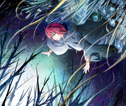 HD wallpaper featuring Chise Hatori from The Ancient Magus' Bride, showcasing her red short hair amidst a mystical and vibrant background. This anime-themed image highlights the enchanting world she inhabits.