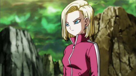 HD desktop wallpaper featuring Android 18 from Dragon Ball Super, set against a vibrant, rocky landscape with a green sky, capturing the anime's dynamic style.