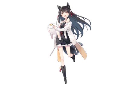 HD anime-style original artwork of a girl with long black hair and cat ears, dressed in a black and white outfit, holding a bag, set against a white background.