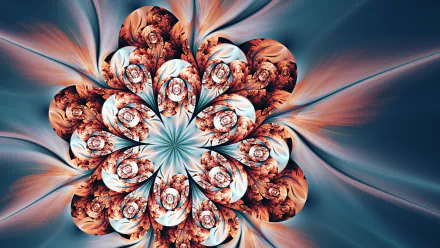 HD PC desktop wallpaper featuring an abstract fractal design resembling a detailed, multi-layered flower with swirling patterns in warm and cool tones.