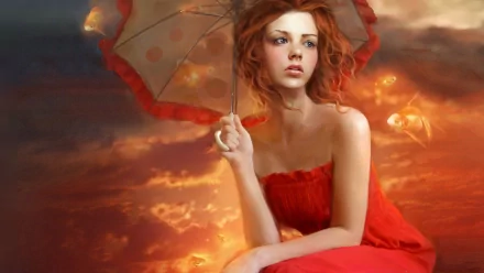 A fantasy scene featuring a woman with red hair holding a patterned umbrella, surrounded by goldfish against a dramatic orange sky. Artwork by Marta Dahlig, designed for HD wallpaper.