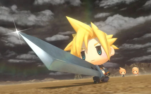 HD wallpaper featuring chibi versions of Cloud Strife, Lann, and Reynn from World of Final Fantasy.