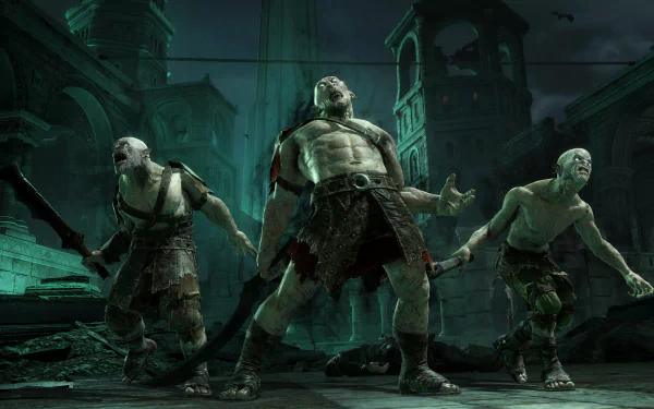 4K Ultra HD PC desktop wallpaper from the video game Middle-earth: Shadow of War, featuring three hostile orc-like creatures in a dark, ruined cityscape.