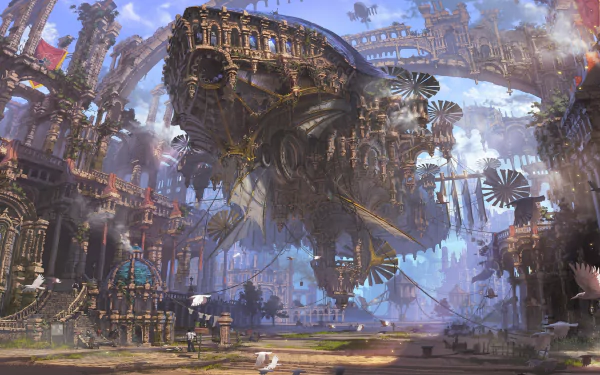 A high-definition steampunk sci-fi desktop wallpaper featuring a grandiose flying vehicle amidst an elaborate, futuristic cityscape with intricate architectural details and vivid colors.