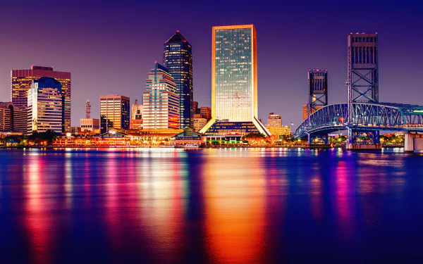Florida bridge colorful colors skyscraper building sunset water cityscape man made Jacksonville HD Desktop Wallpaper | Background Image