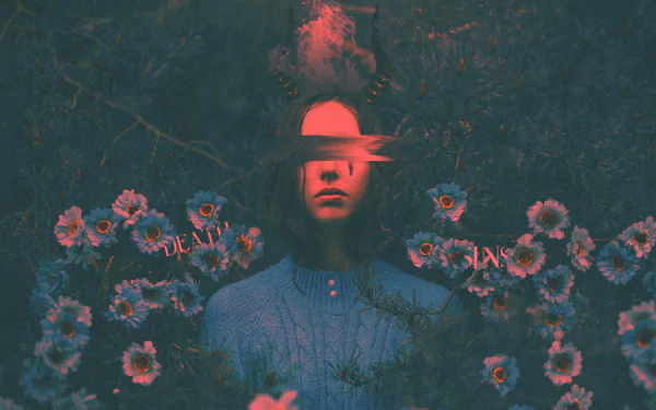 A glitch art HD desktop wallpaper featuring a person with their face distorted, surrounded by flowers, creating an artistic and surreal visual experience.