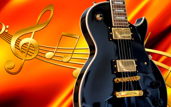 HD PC desktop wallpaper featuring a sleek black guitar with golden musical notes floating against a vibrant orange background.