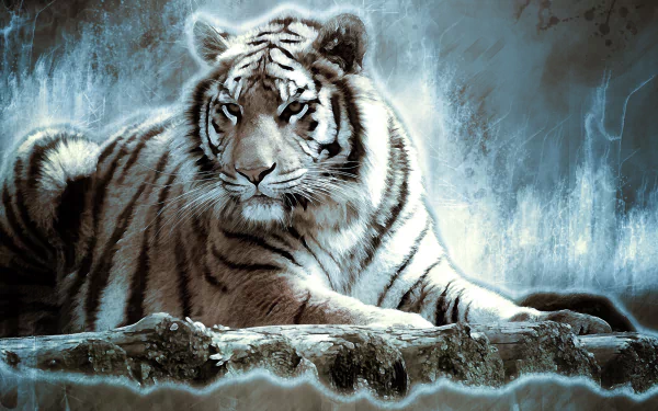 HD desktop wallpaper of a majestic white tiger resting against a mystic, foggy background, emphasizing its serene yet powerful presence.