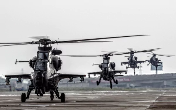 HD desktop wallpaper featuring multiple CAIC Z-10 military attack helicopters in formation on a runway, showcasing advanced aircraft design and aerial power.