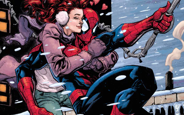 Comic style wallpaper featuring Spider-Man and Mary Jane Watson sharing a loving moment in the snow during Christmas. The high-definition image exudes warmth and affection amidst the winter backdrop.