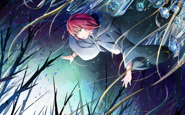 HD wallpaper featuring Chise Hatori from The Ancient Magus' Bride, showcasing her red short hair amidst a mystical and vibrant background. This anime-themed image highlights the enchanting world she inhabits.
