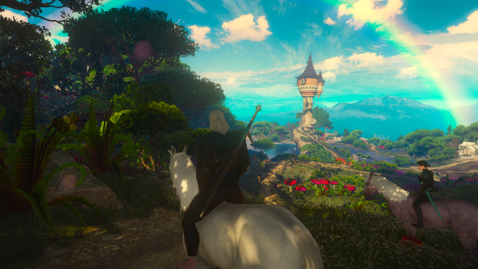 HD PC desktop video game wallpaper: Geralt of Rivia on horseback rides through sunlit vineyards toward a distant tower and rainbow — The Witcher 3: Wild Hunt: Blood and Wine.