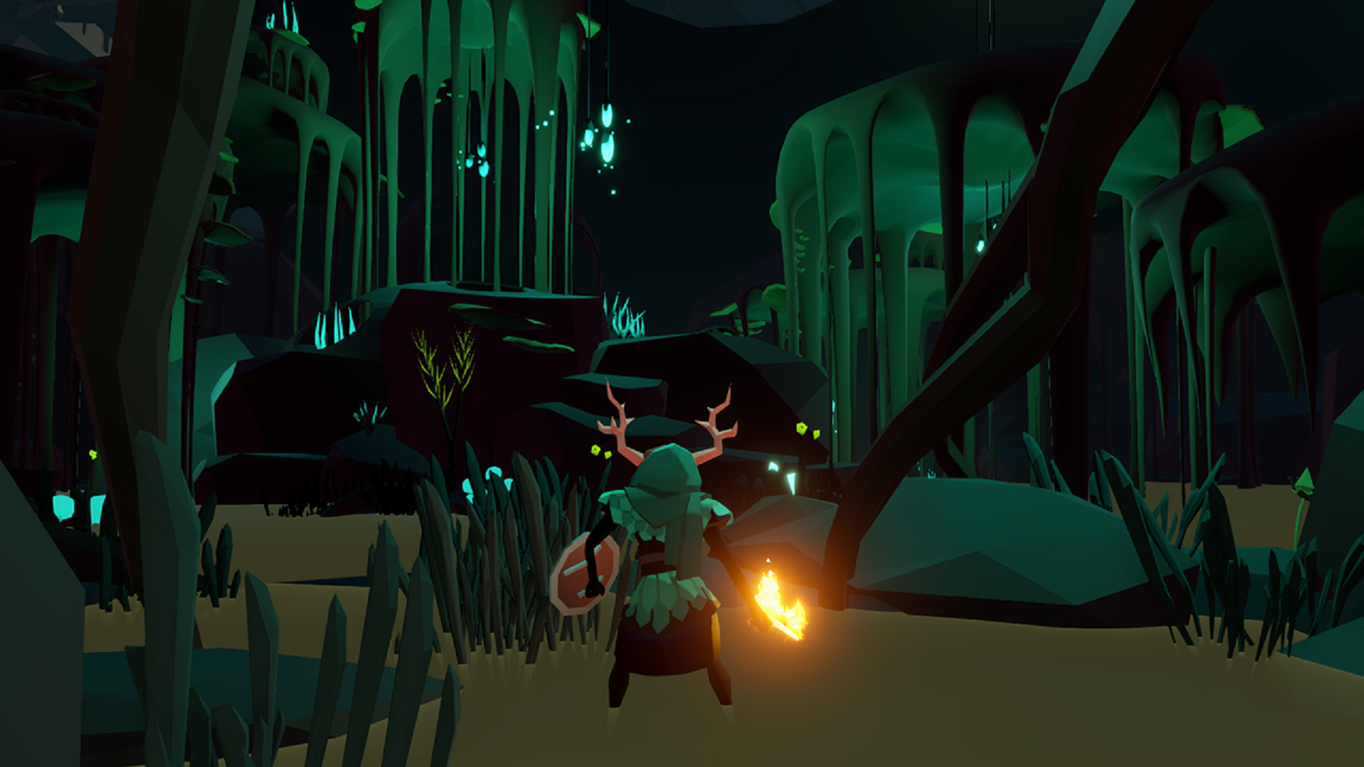 HD desktop wallpaper featuring a stylized necropolis with a character holding a torch amidst eerie green-lit crypts.