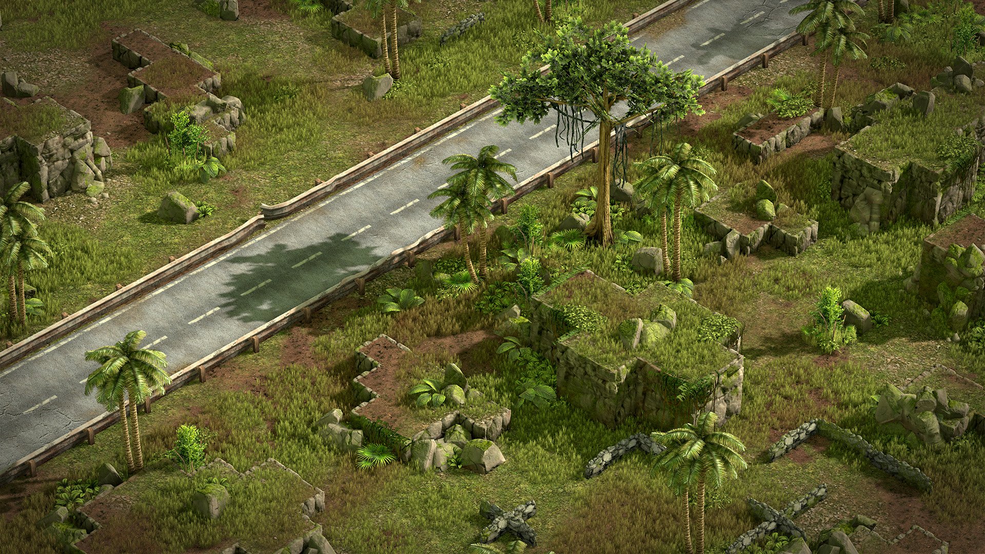 HD desktop wallpaper of a Xenonauts 2 game scene featuring a deserted road winding through a lush, verdant landscape with ruins and palm trees.