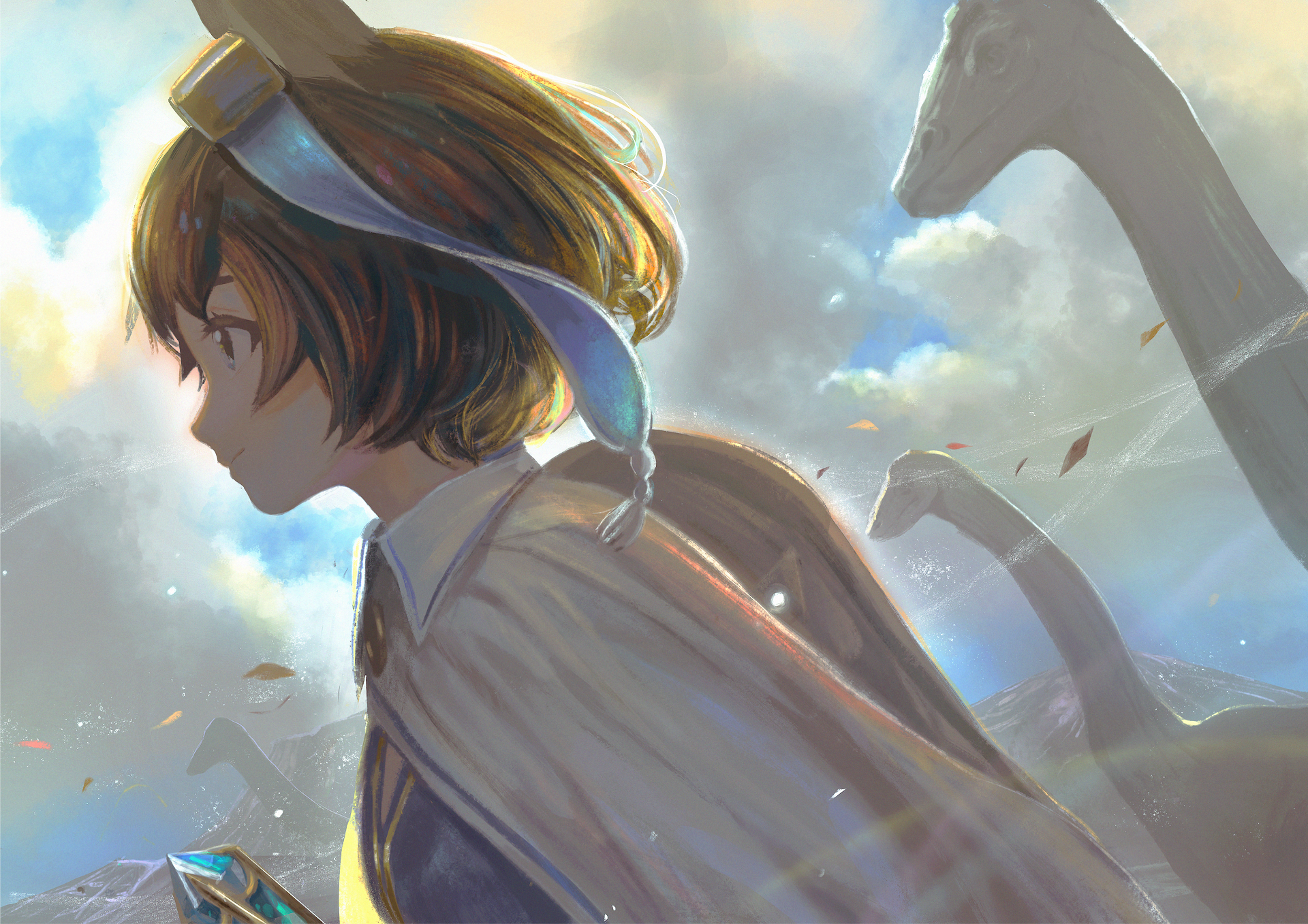 HD desktop wallpaper featuring an original anime character with short hair, looking into the distance with dinosaurs in the background under a dreamy, sunlit sky.