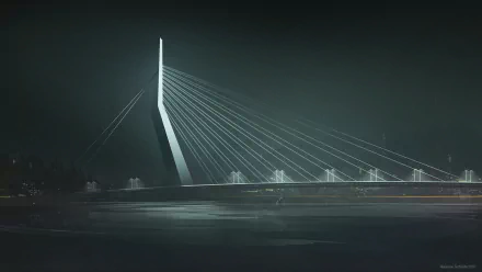 HD PC desktop wallpaper of a sleek, futuristic sci-fi bridge with illuminated cables spanning a dark, misty landscape.