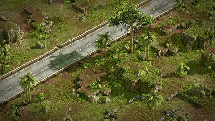 HD desktop wallpaper of a Xenonauts 2 game scene featuring a deserted road winding through a lush, verdant landscape with ruins and palm trees.