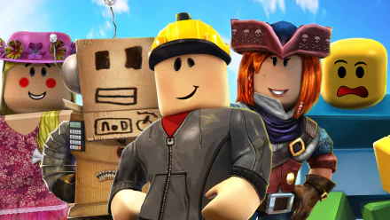HD desktop wallpaper featuring a collection of Roblox characters in vibrant attire against a blue sky background.
