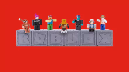 HD Roblox wallpaper featuring various Roblox characters standing on 3D letters spelling 'ROBLOX' with a red background.